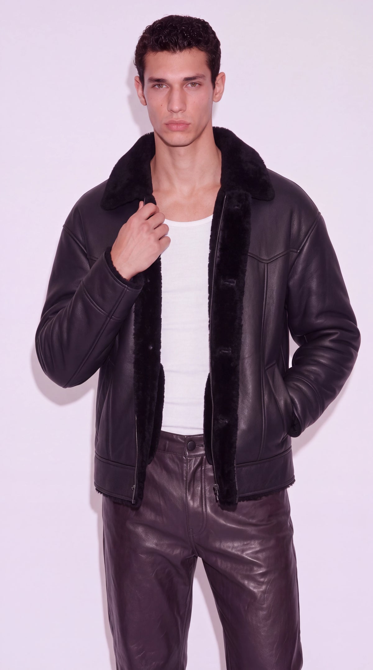 The Noir Aldgate black nappa shearling aviator jacket by Christopher Noir, front view, worn open