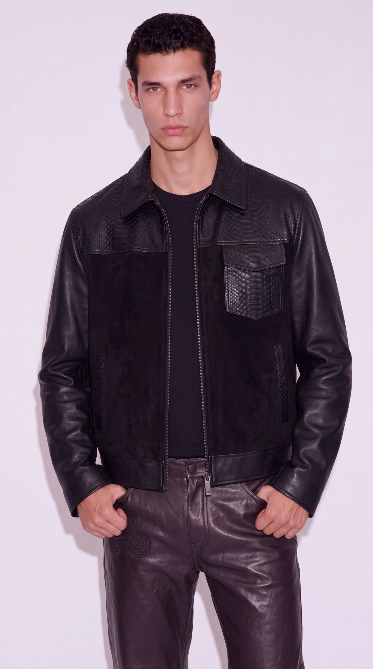 The Noir Bermondsey black python-embossed leather and suede trucker jacket by Christopher Noir, front view