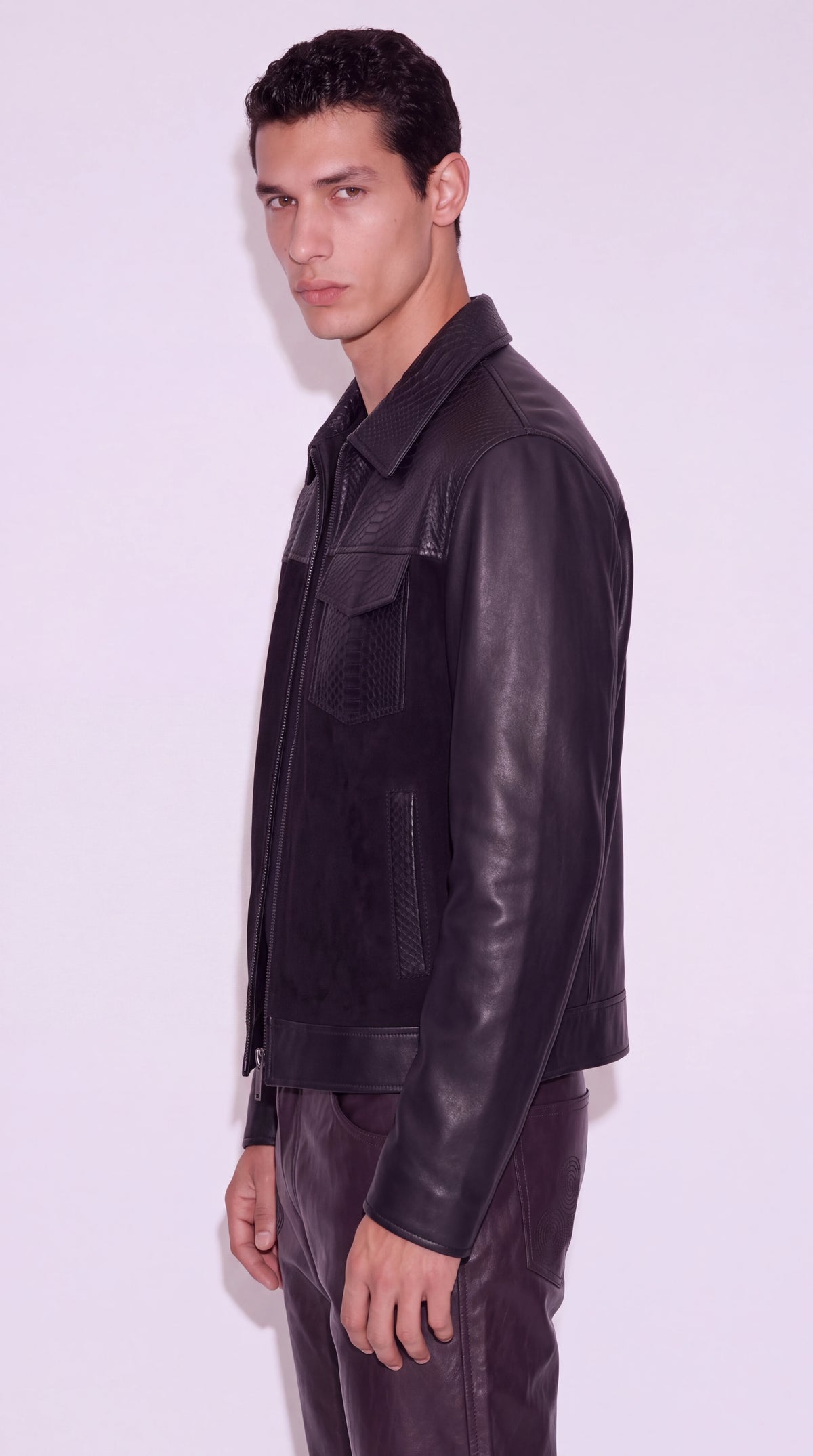 The Noir Bermondsey black python-embossed leather and suede trucker jacket by Christopher Noir, side view