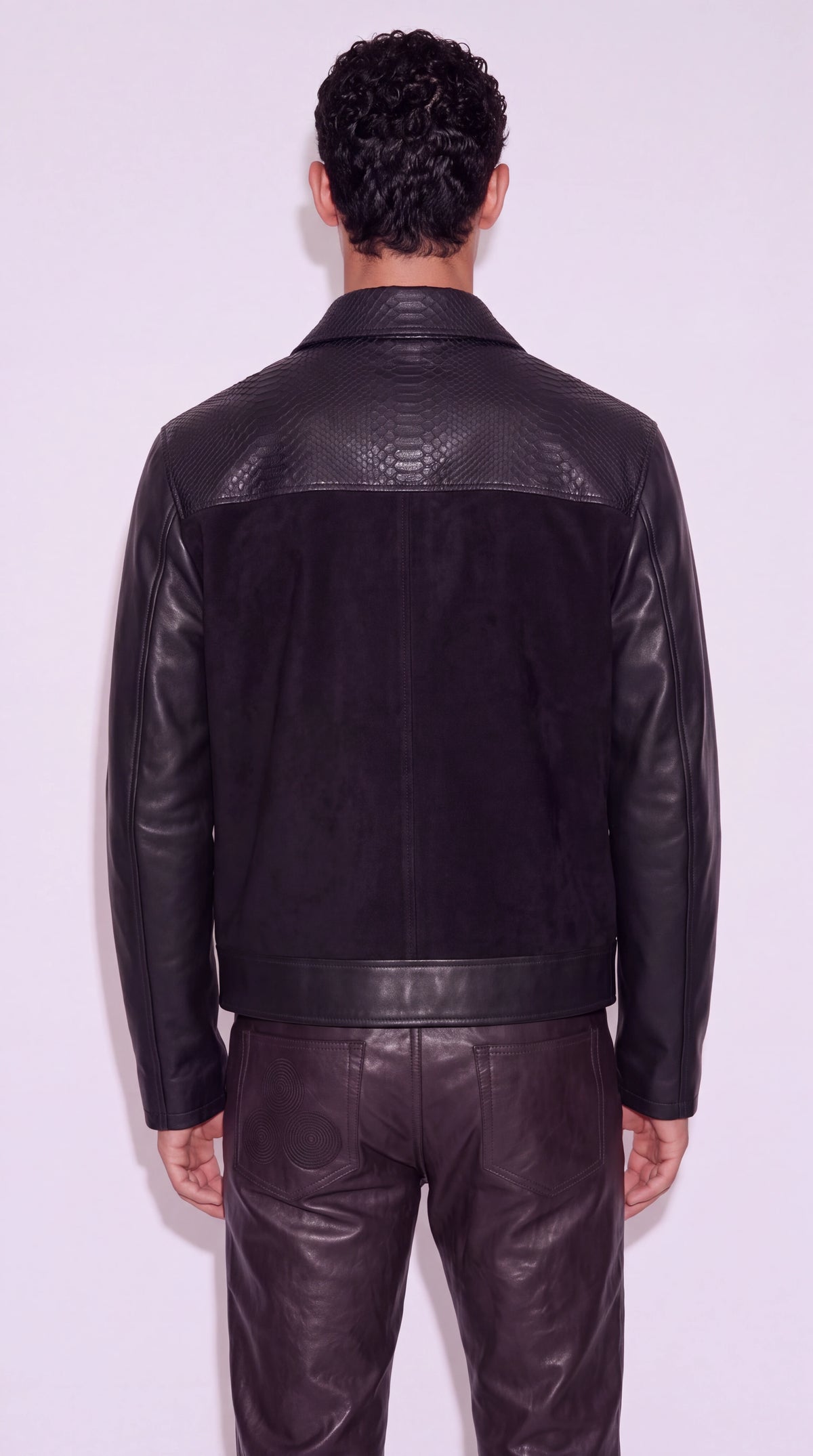 The Noir Bermondsey black python-embossed leather and suede trucker jacket by Christopher Noir, back view