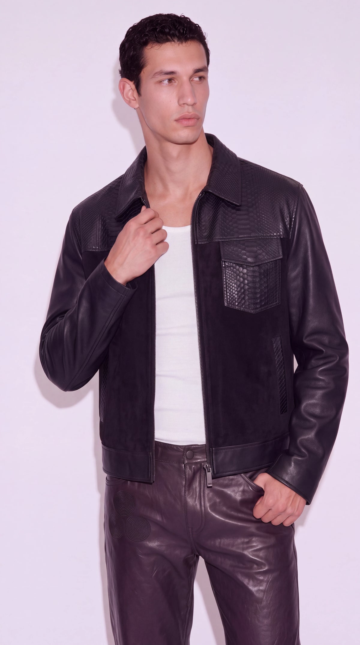 The Noir Bermondsey black python-embossed leather and suede trucker jacket by Christopher Noir, styled view, collar detail