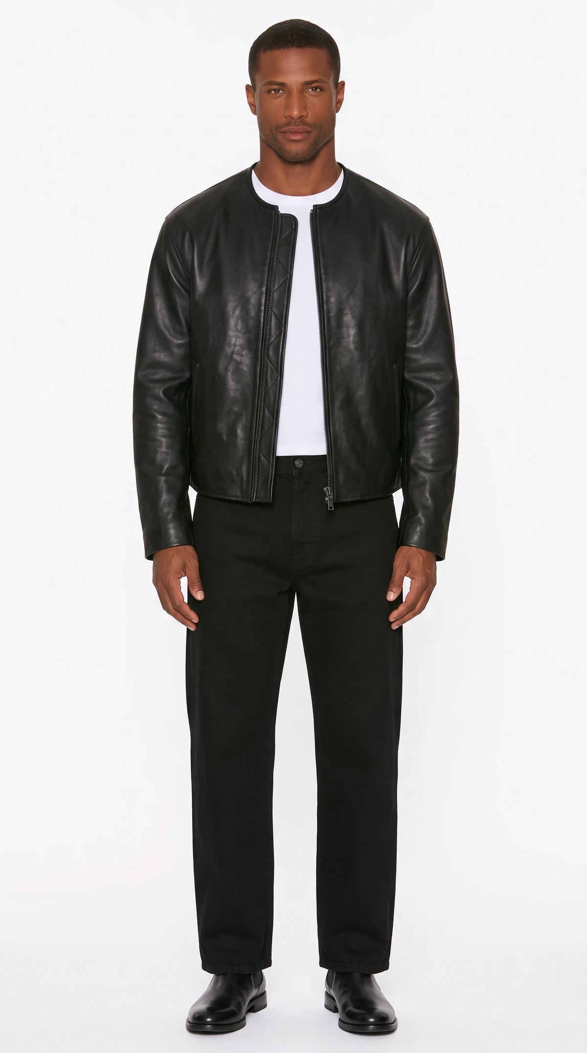 The Noir Avon black cowhide leather collarless biker jacket by Christopher Noir