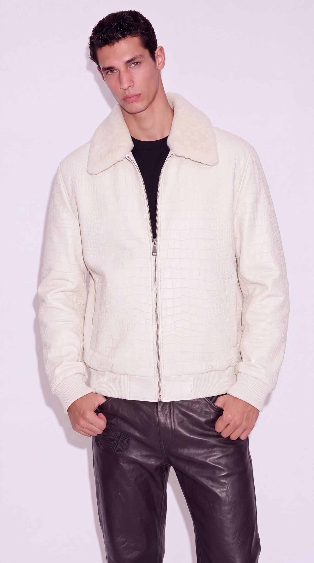 The Noir St James's ivory croc-embossed leather bomber jacket by Christopher Noir, front view