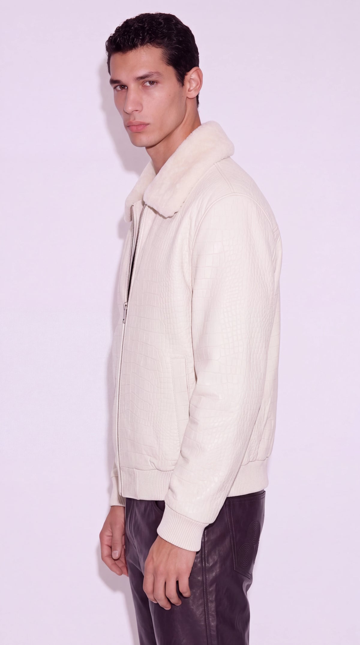 The Noir St James's ivory croc-embossed leather bomber jacket by Christopher Noir, side view