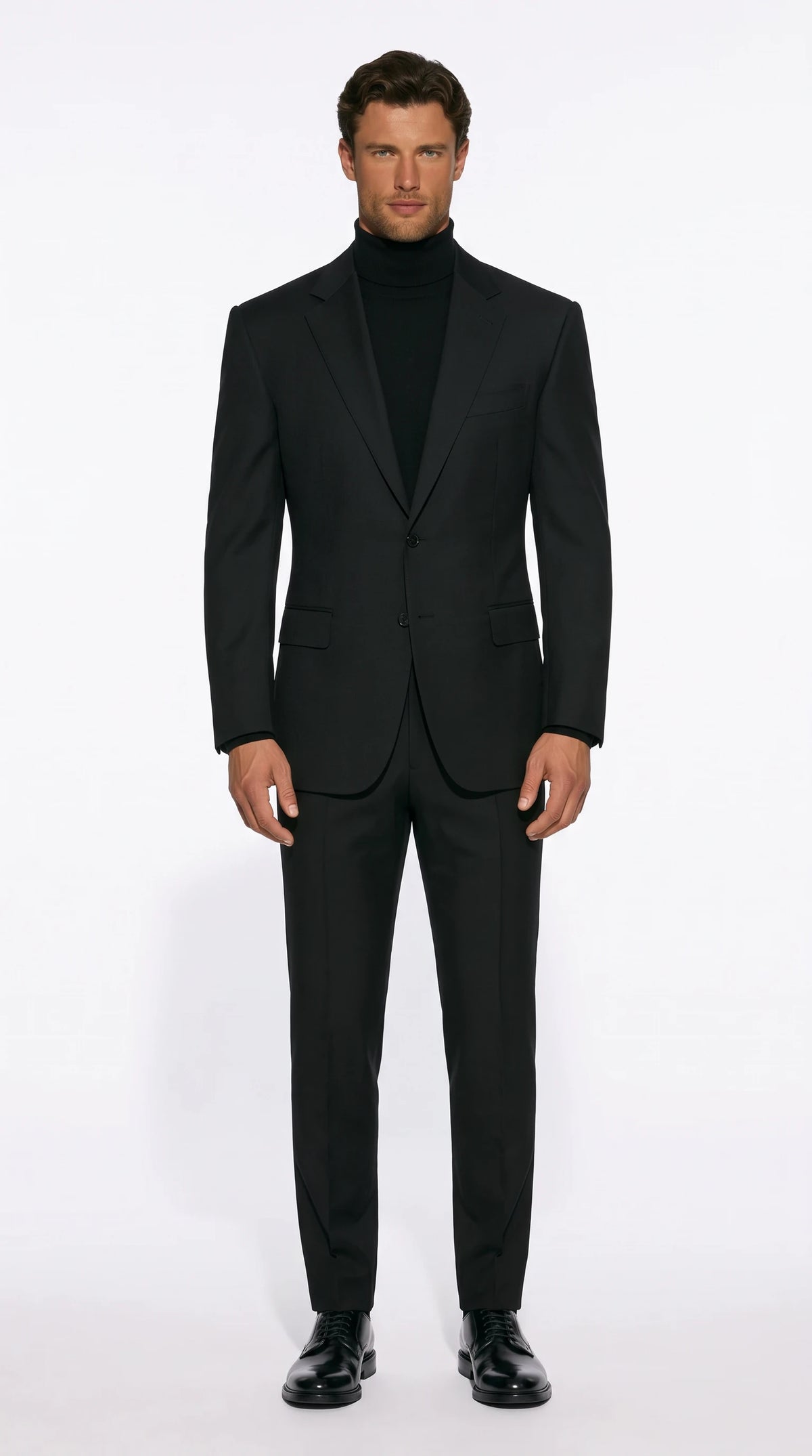 Christopher Noir Extended-Shoulder Suit in black with a widened, structured shoulder line