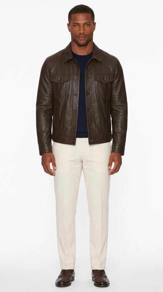 The Noir Clerkenwell dark brown leather trucker jacket by Christopher Noir