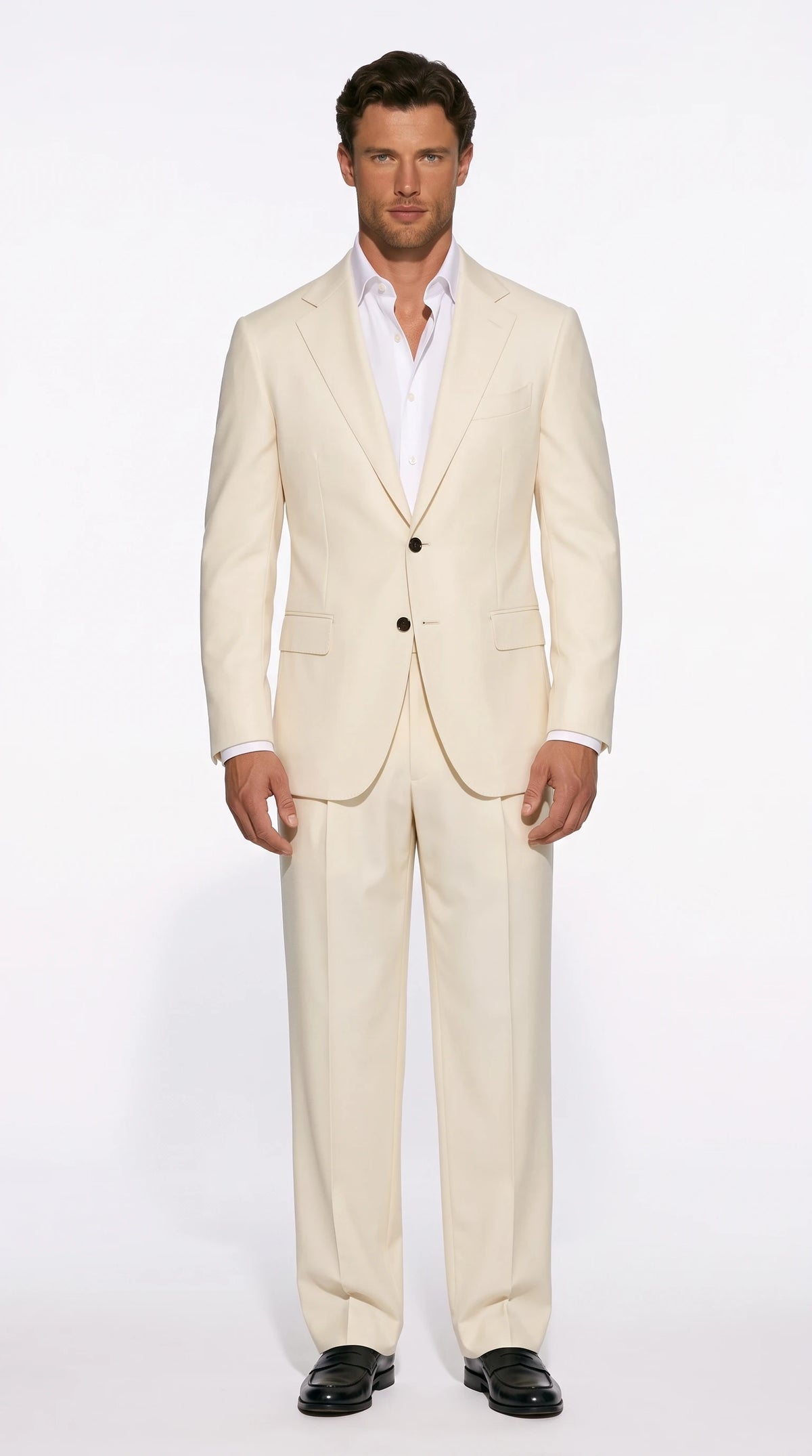 Christopher Noir Wide-Leg Tailored Suit in cream with a full, clean-hanging trouser