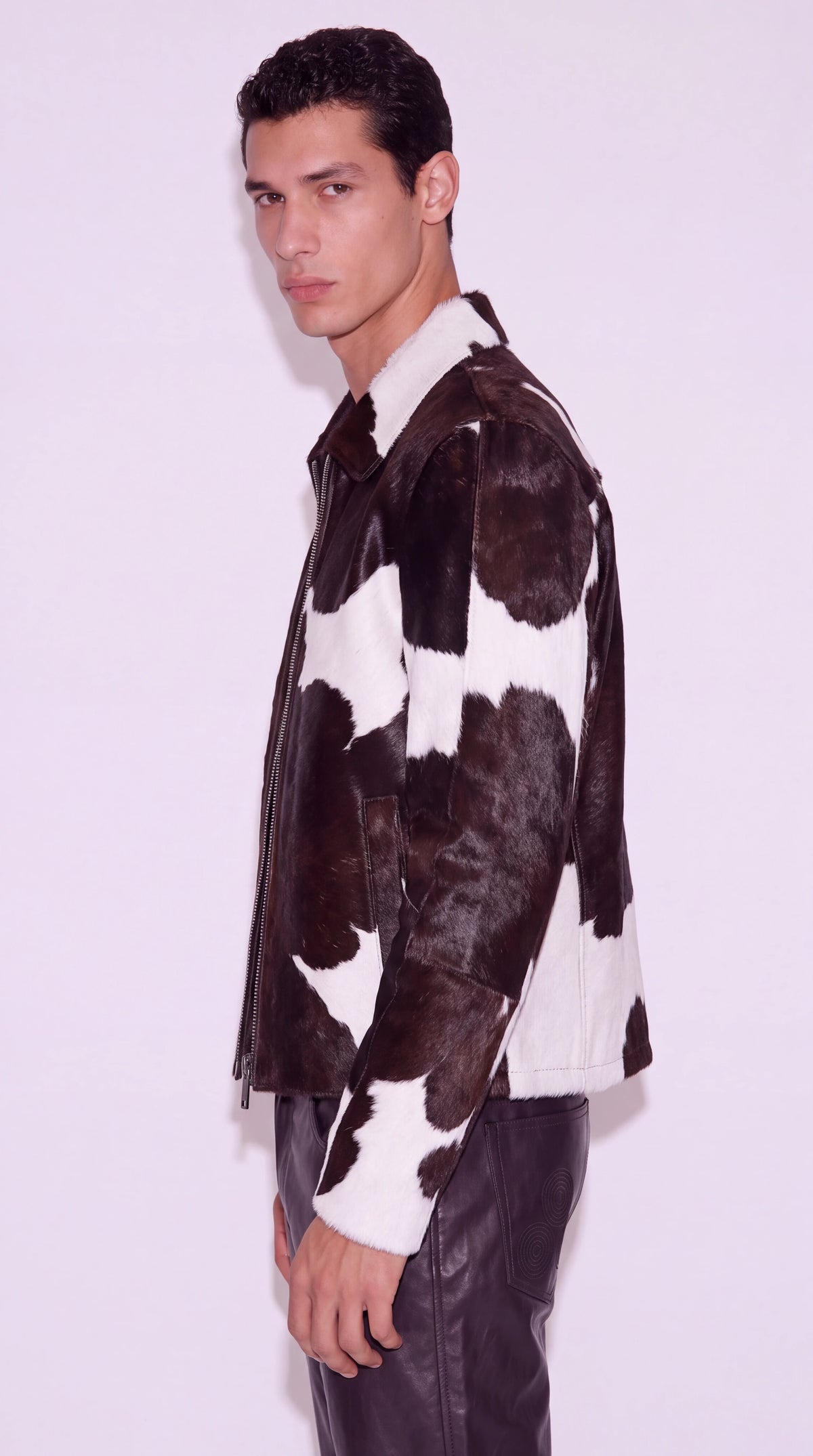 The Noir Wapping brown and white hair-on cowhide zip jacket by Christopher Noir, side view