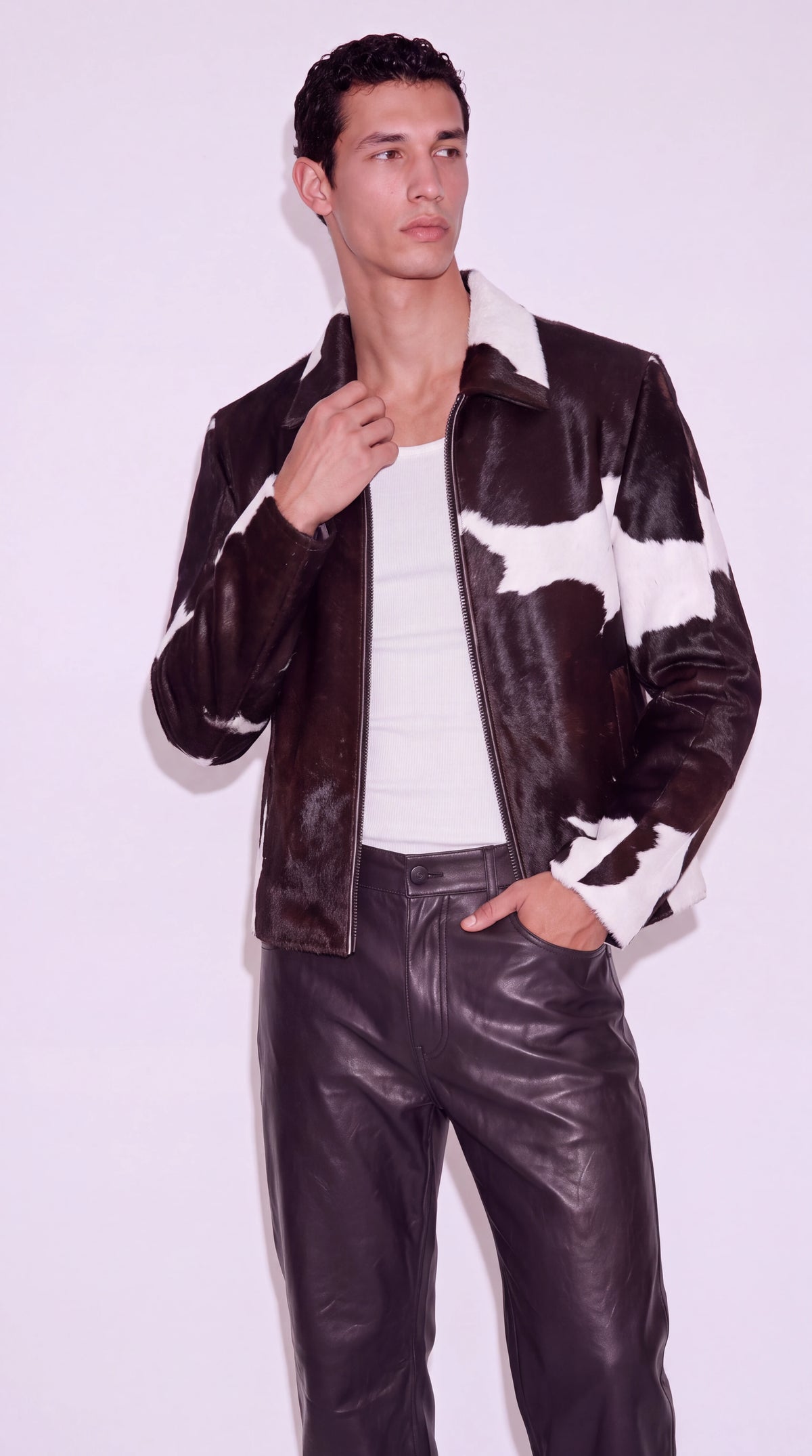 The Noir Wapping brown and white hair-on cowhide zip jacket by Christopher Noir, styled view, collar detail