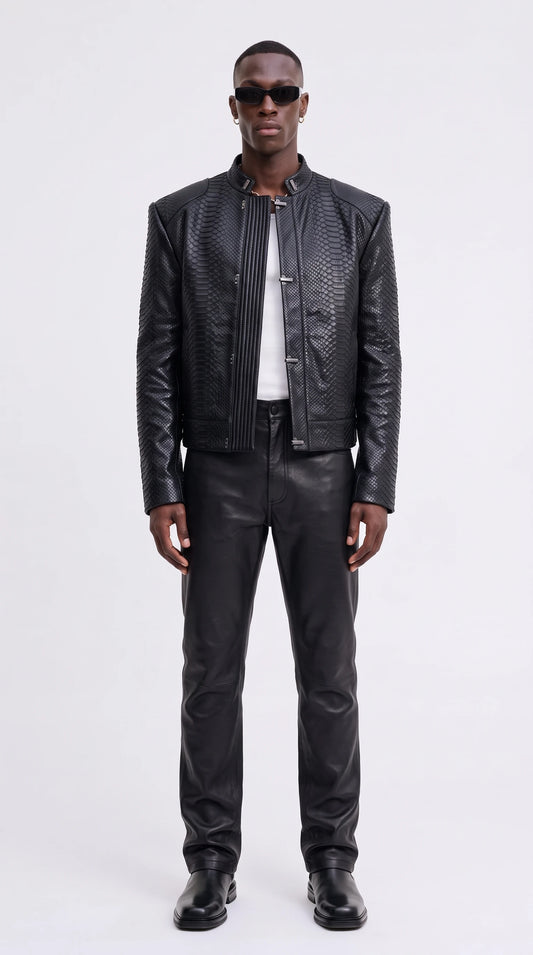 The Noir Spitalfields black python-embossed ribbed armour jacket by Christopher Noir, front view