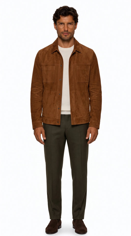 The Noir Chelsea tobacco suede shirt jacket by Christopher Noir