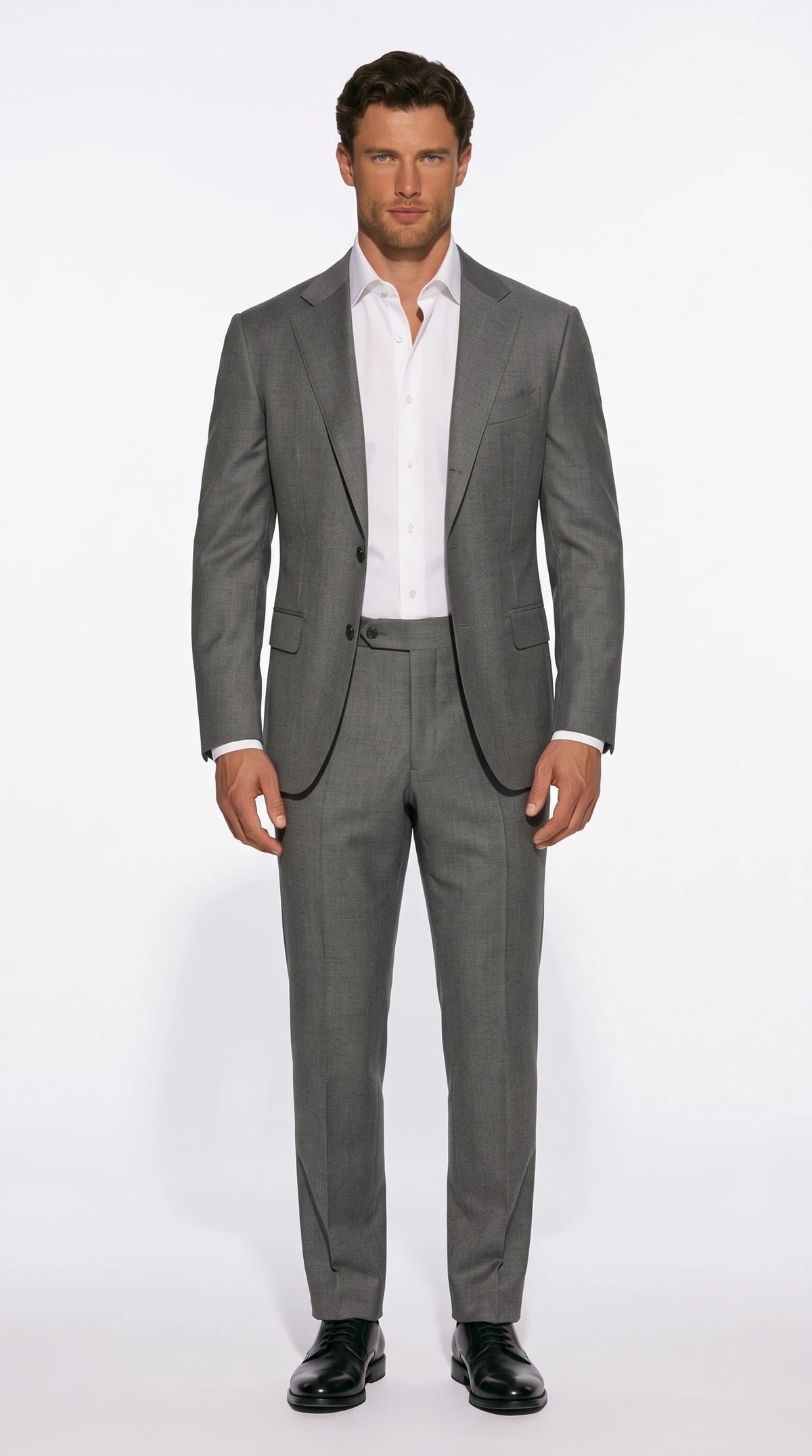 Christopher Noir High-Waisted Trouser Suit in mid grey with the waistband set at the natural waist