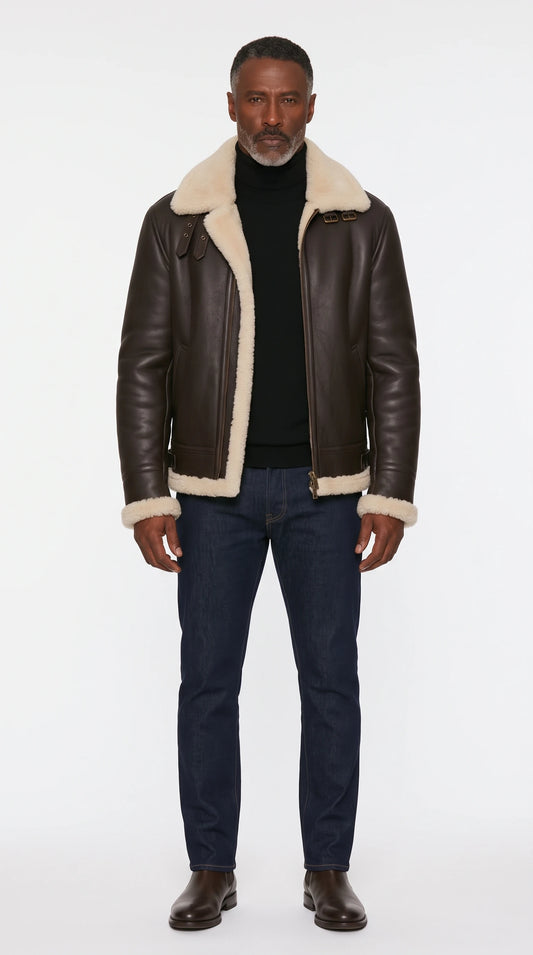 The Noir Knightsbridge espresso shearling aviator jacket by Christopher Noir