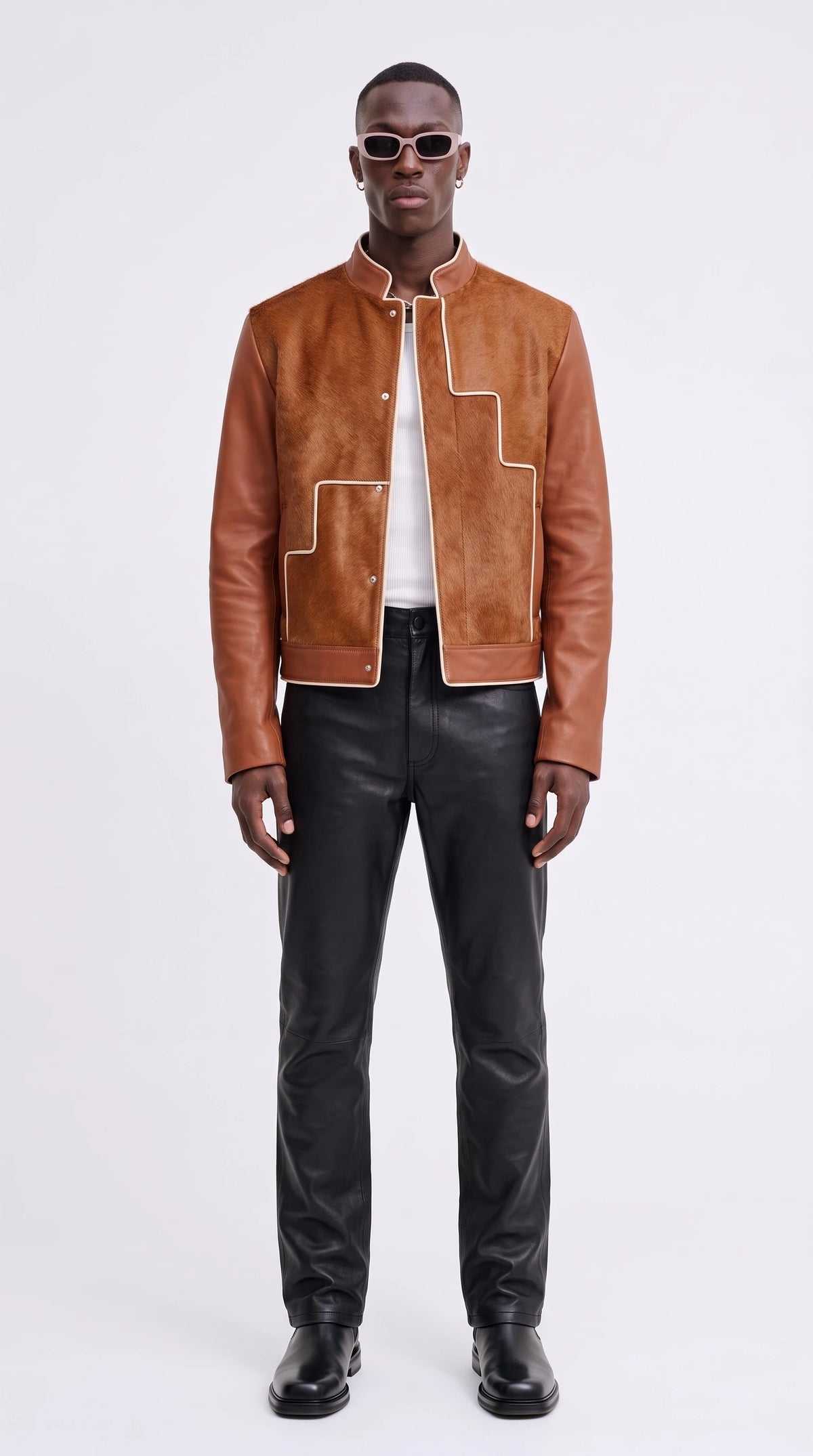 The Noir Temple sienna hair-on leather stepped jacket by Christopher Noir, front view
