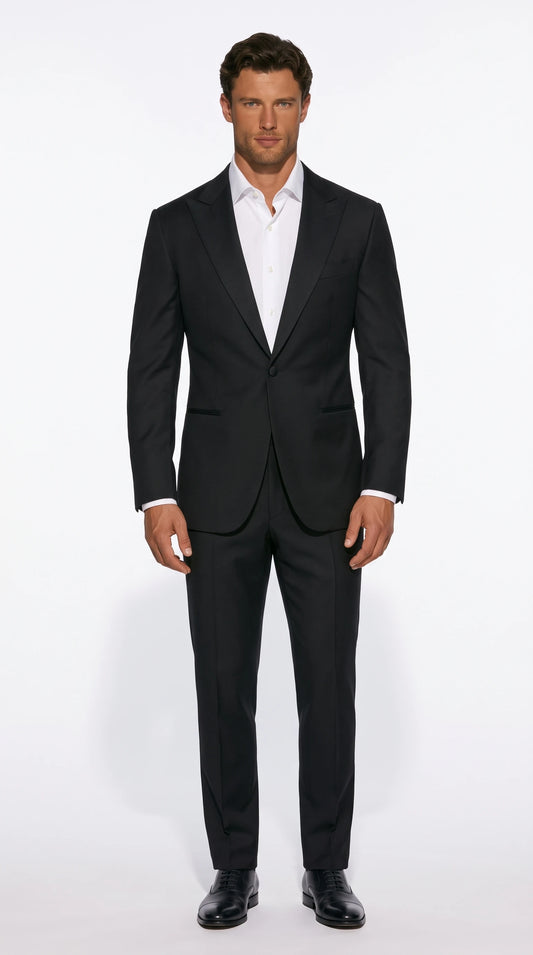 Christopher Noir Single-Button Suit in black with a peak lapel and deep open V