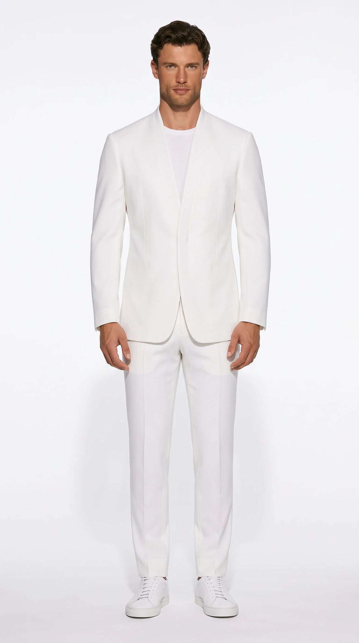 Christopher Noir Minimalist Concealed-Fastening Suit in white with a collarless neckline and hidden placket