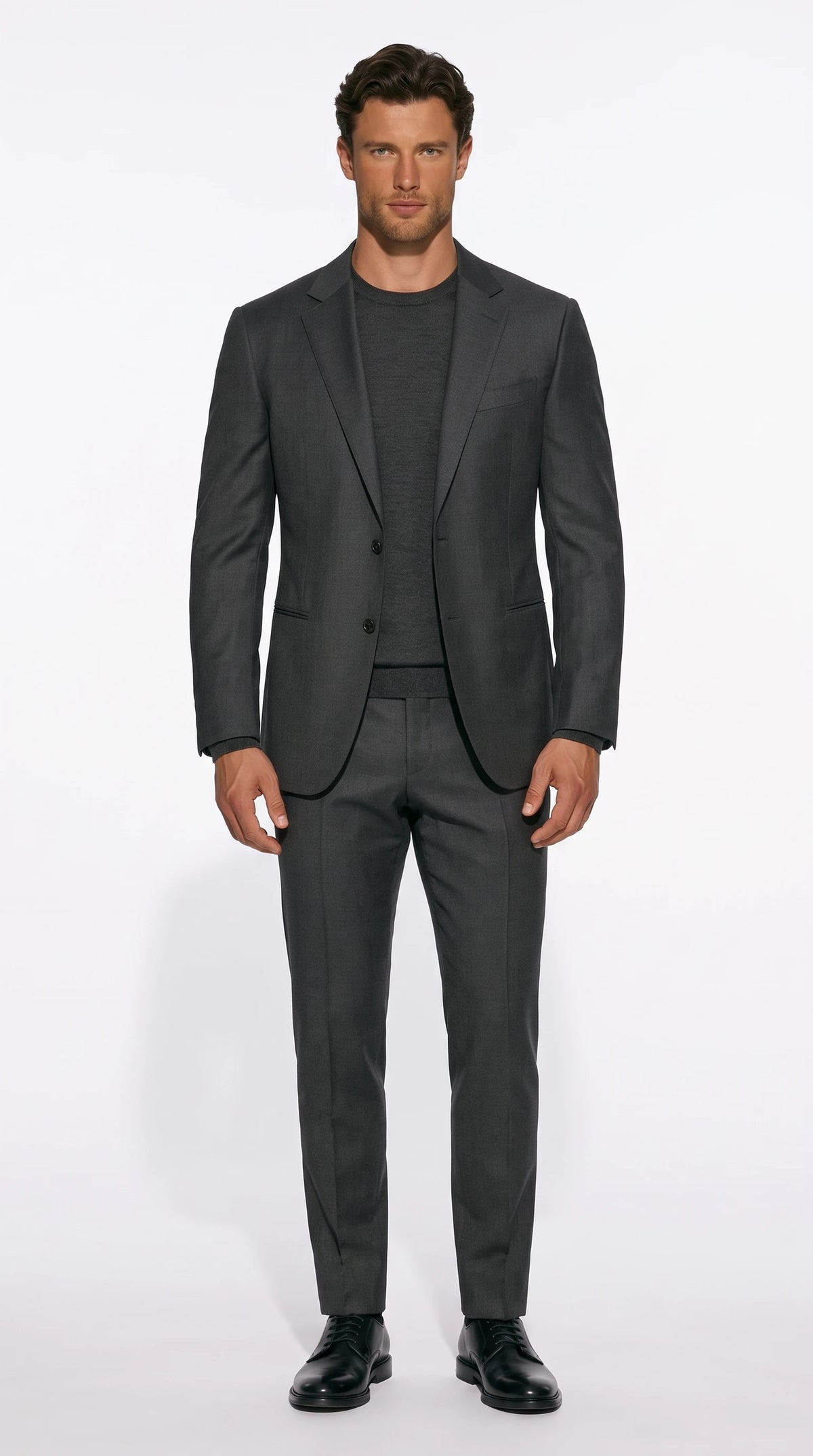 Christopher Noir Clean-Front Reduced-Pocket Suit in charcoal grey with jetted pockets and no breast pocket