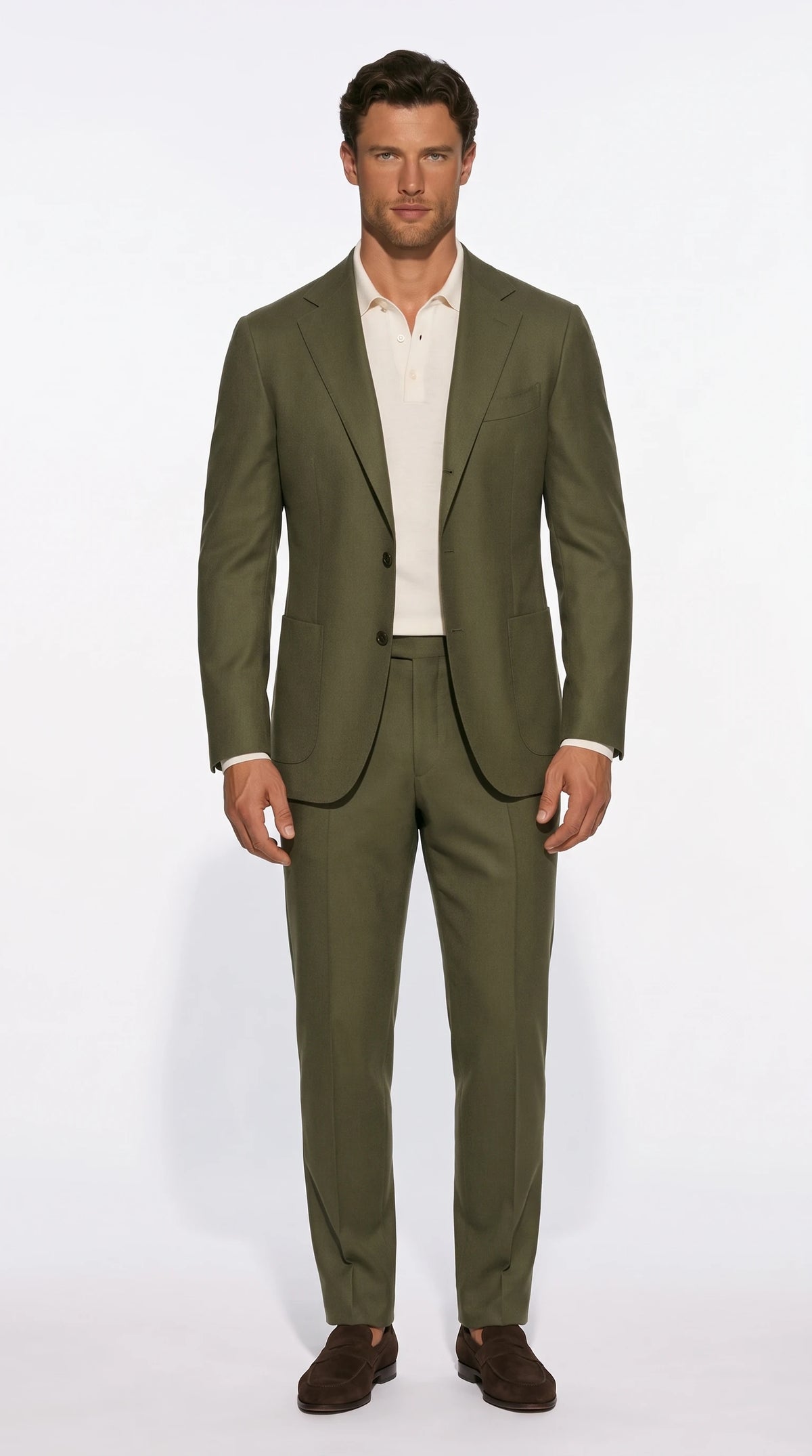 Christopher Noir Soft Unstructured Suit in olive with a natural shoulder and patch pockets