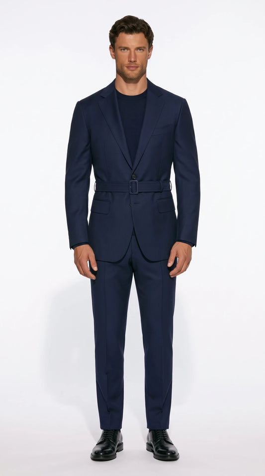 Christopher Noir Belted Tailored Suit in navy with a self-fabric belt at the natural waist