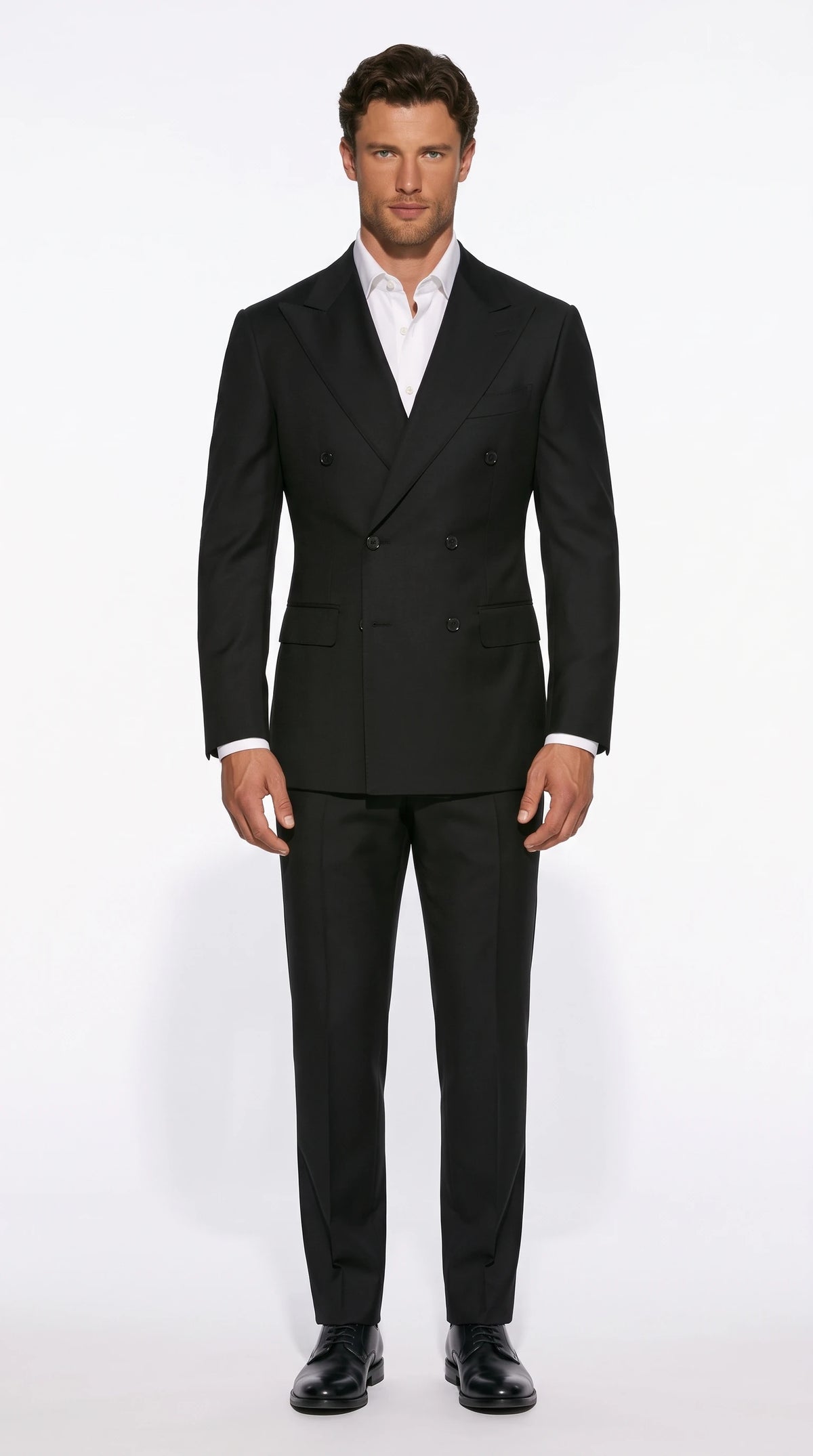Christopher Noir double-breasted suit in black with exaggerated wide peak lapels