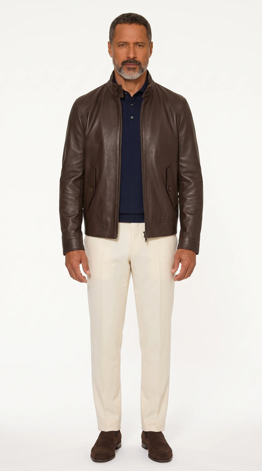 The Noir Richmond dark brown leather Harrington jacket by Christopher Noir