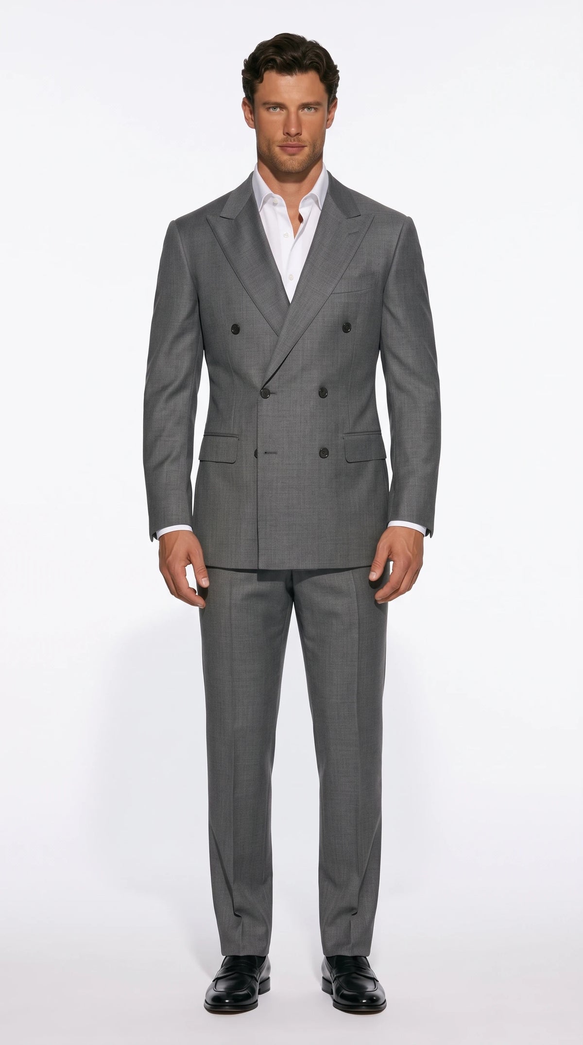 Christopher Noir double-breasted suit in grey with a very low button stance and long lapel line