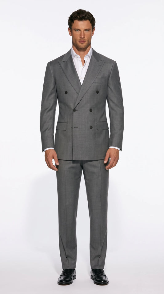 Christopher Noir double-breasted suit in grey with a very low button stance and long lapel line