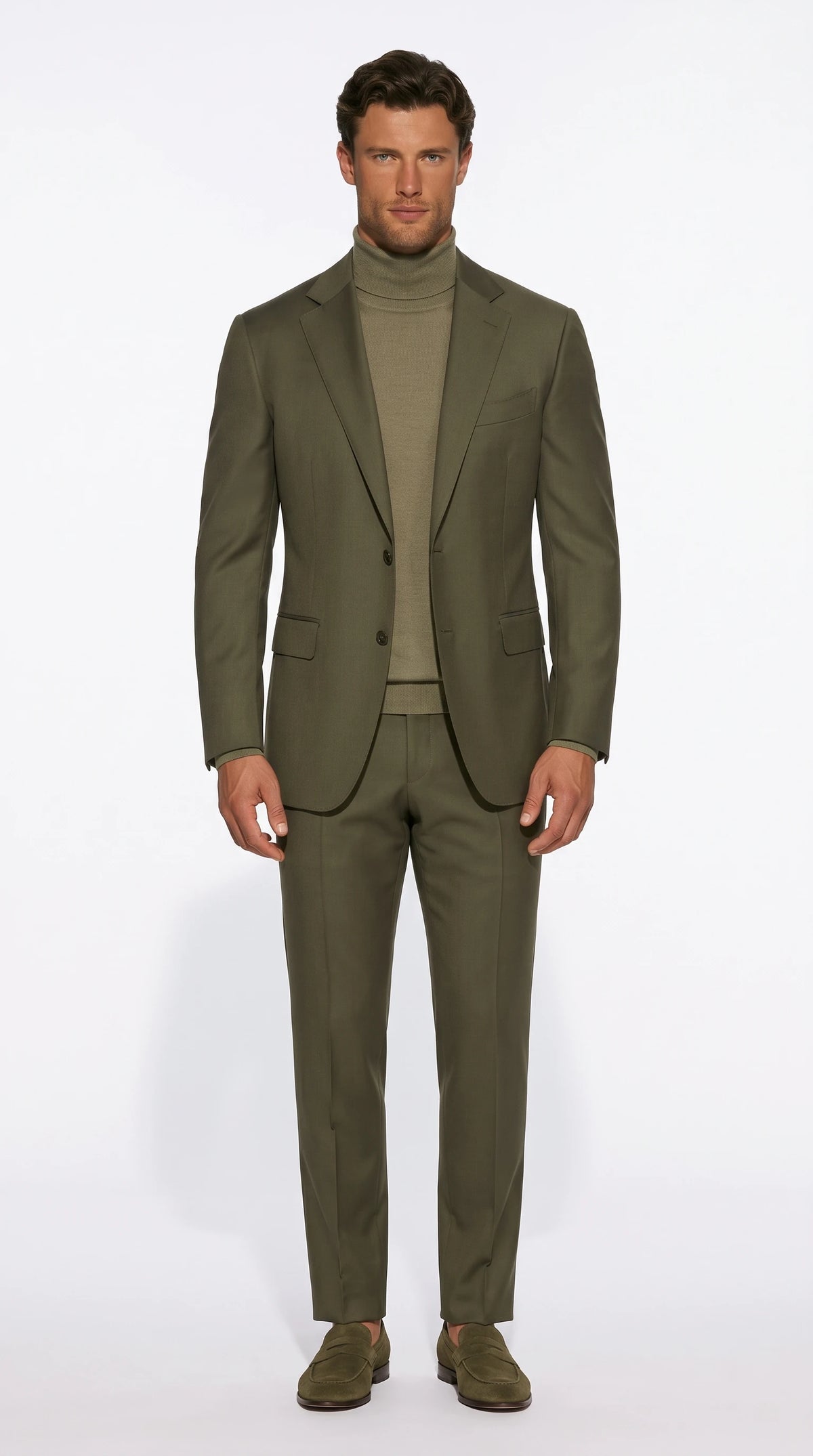 Christopher Noir Tonal Monochrome Suit in olive, styled tonally head to toe