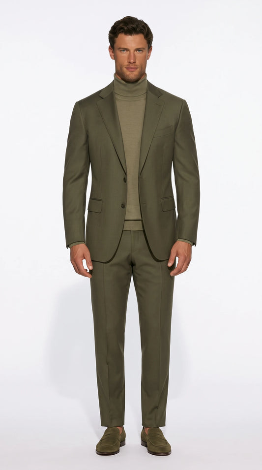 Christopher Noir Tonal Monochrome Suit in olive, styled tonally head to toe