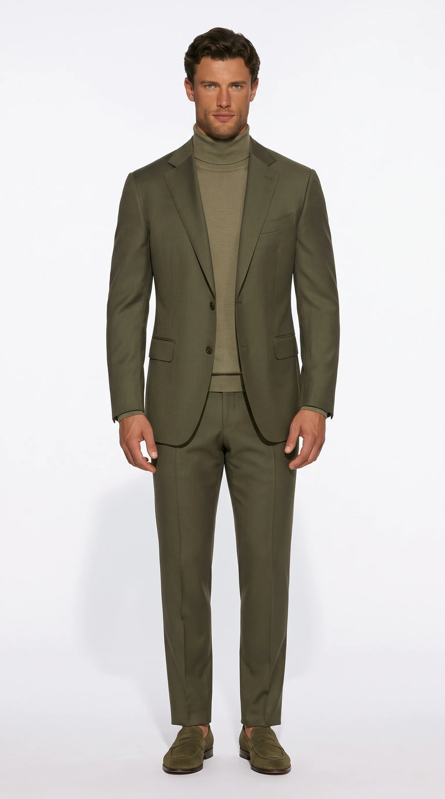 Christopher Noir Tonal Monochrome Suit in olive, styled tonally head to toe