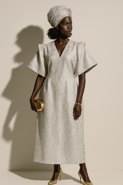 White Stunning African Damask Bubu Boubou Elegant Event Dress