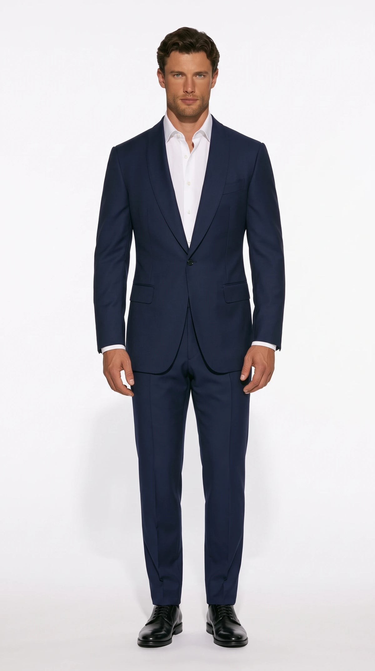 Christopher Noir Elongated-Lapel Suit in navy with a long unbroken lapel line to a low closure