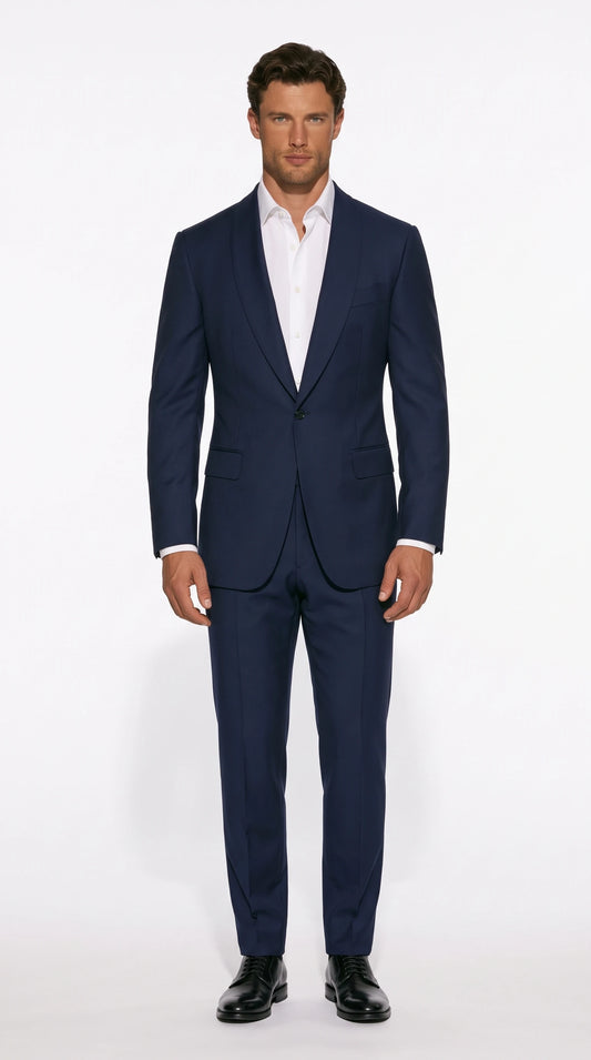 Christopher Noir Elongated-Lapel Suit in navy with a long unbroken lapel line to a low closure