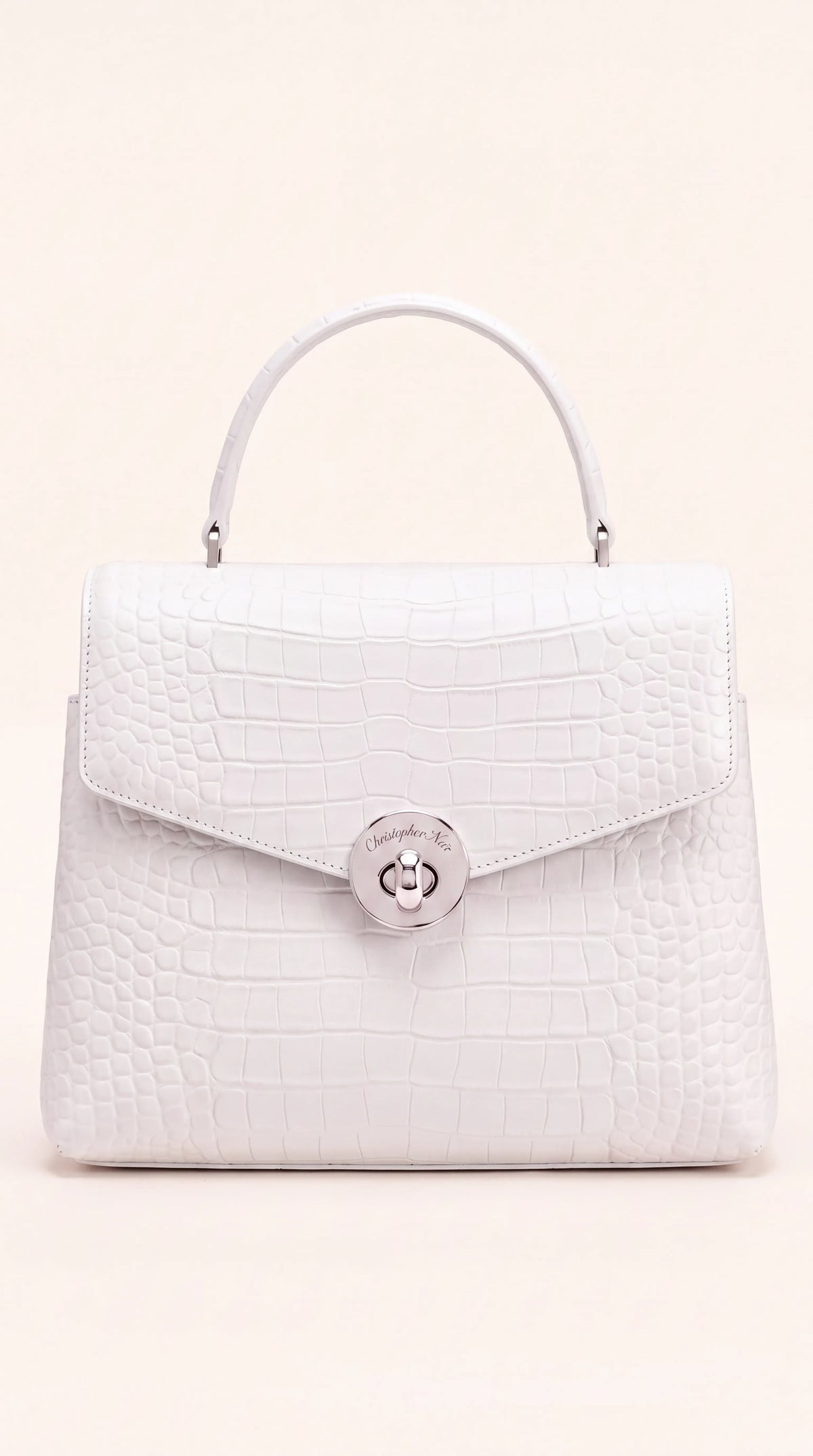 The Noir Period — Black Croc-Embossed Leather Handbag — Pearly White