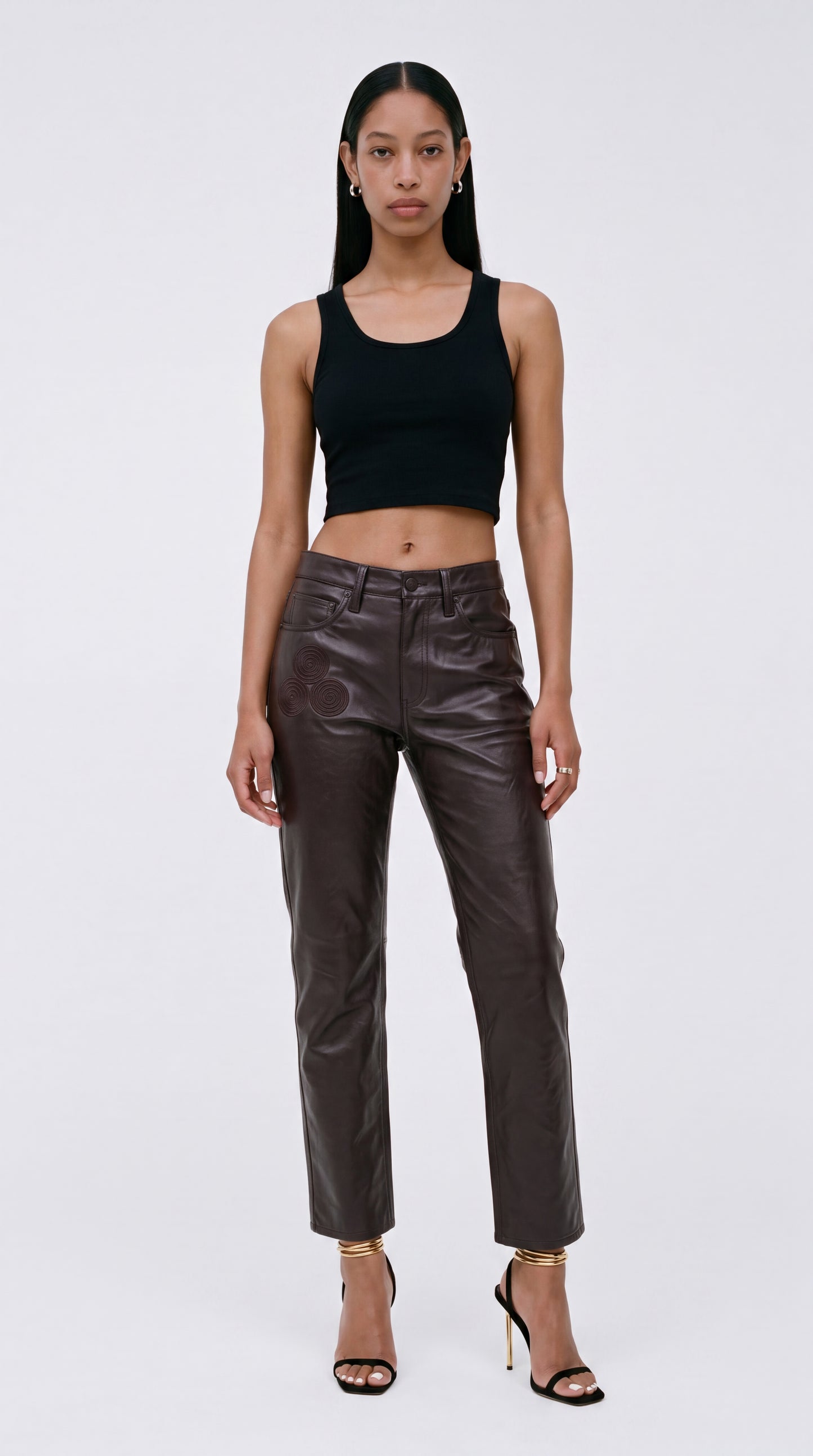 The Noir Femme — Spiral-Embroidered Leather Slim Jeans (Unisex)