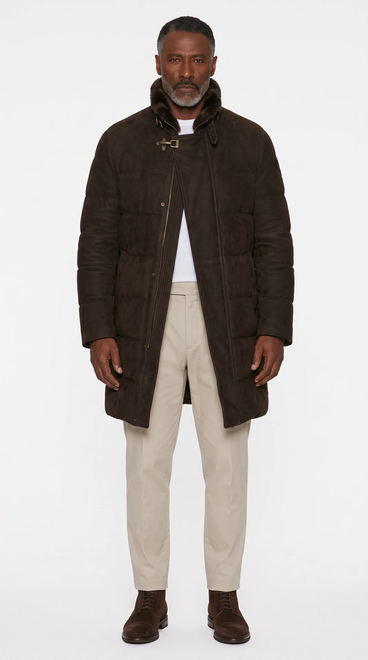 The Noir Tay brown long puffer coat by Christopher Noir