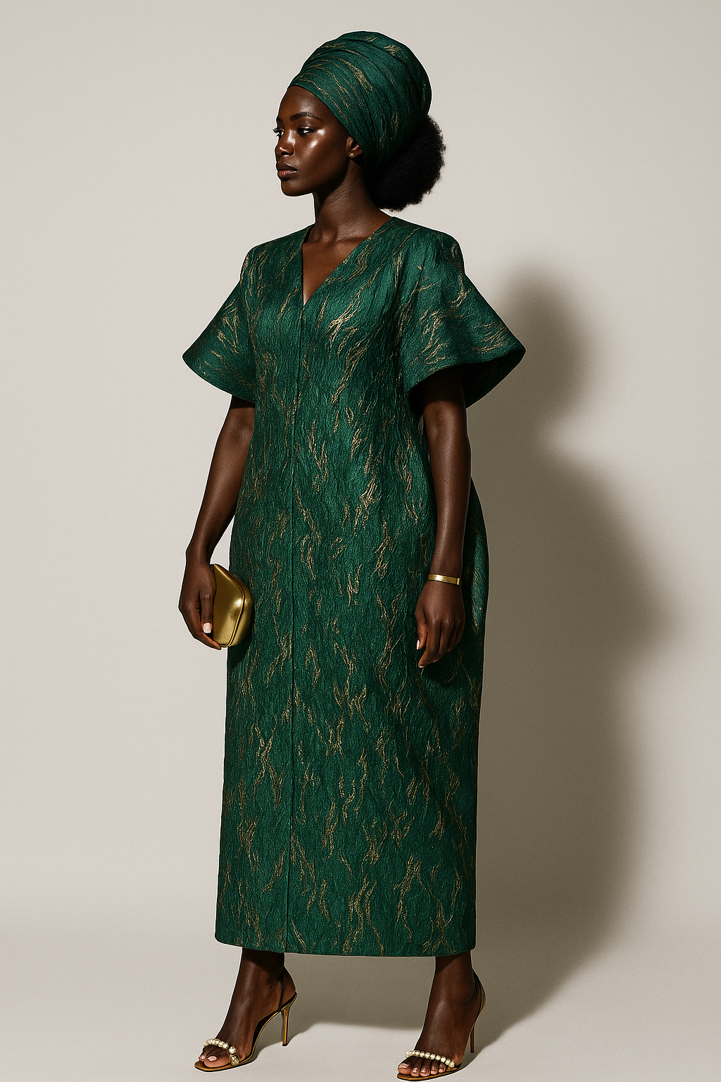 Royal Green and Gold African Damask Bubu Boubou Elegant Event Dress