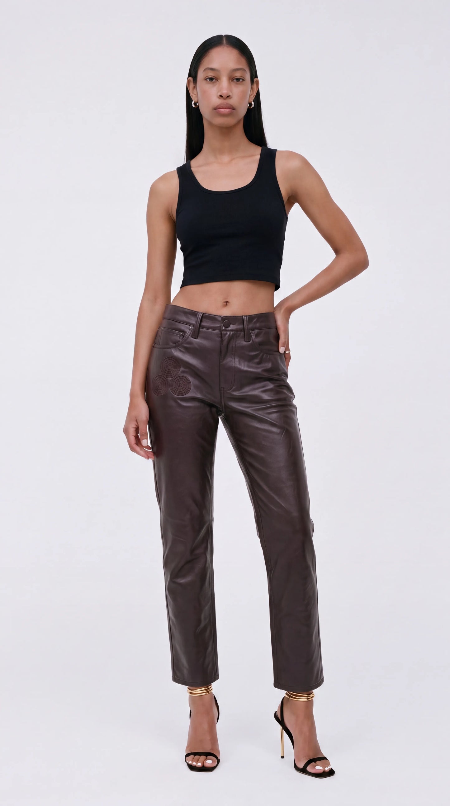 The Noir Femme — Spiral-Embroidered Leather Slim Jeans (Unisex)