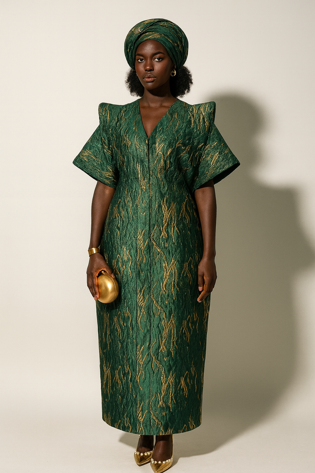 Royal Green and Gold African Damask Bubu Boubou Elegant Event Dress