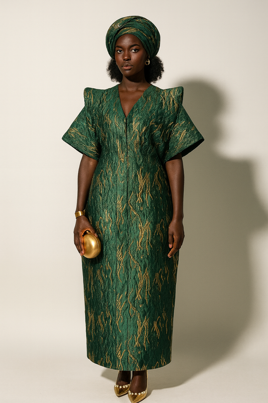 Royal Green and Gold African Damask Bubu Boubou Elegant Event Dress