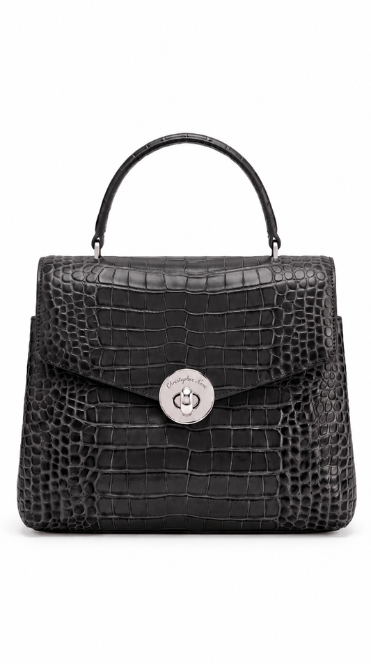 The Noir Period — Black Croc-Embossed Leather Handbag