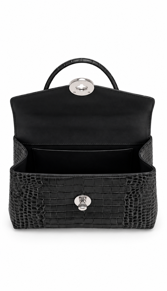 The Noir Period — Black Croc-Embossed Leather Handbag