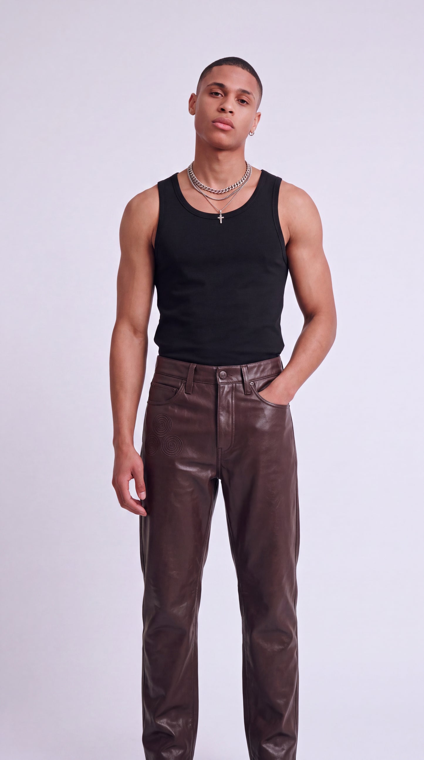 The Noir Femme — Spiral-Embroidered Leather Slim Jeans (Unisex)