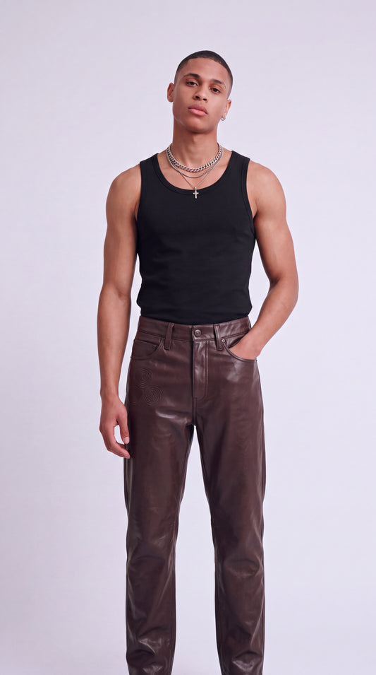 The Noir Femme — Spiral-Embroidered Leather Slim Jeans (Unisex)