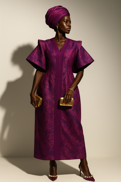 Hot Pink and Purple African Damask Brocade Bubu Boubou Elegant Event Dress
