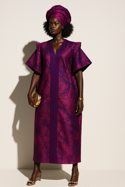 Hot Pink and Purple African Damask Brocade Bubu Boubou Elegant Event Dress