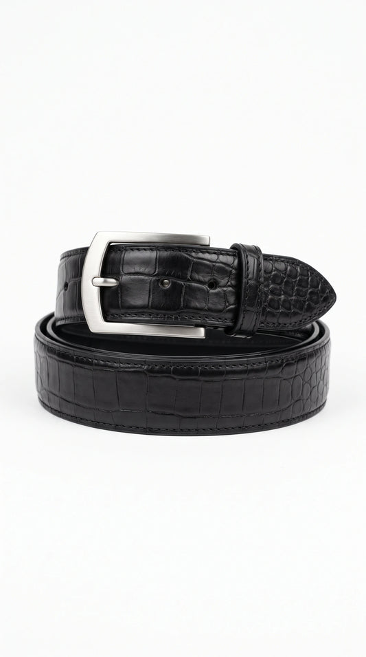 Men's black croc-embossed leather dress belt – The Noir Pateley by Christopher Noir