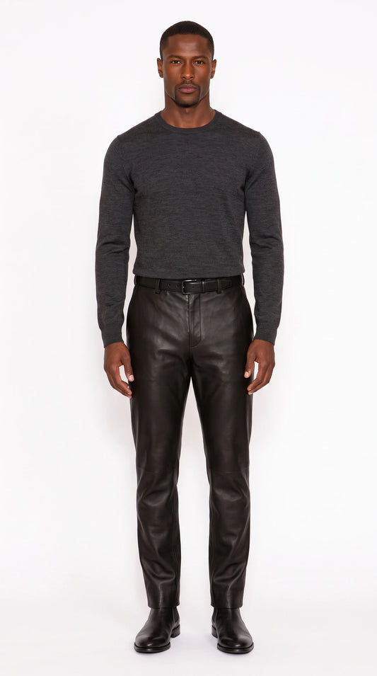 The Noir Malmesbury black leather classic trousers by Christopher Noir