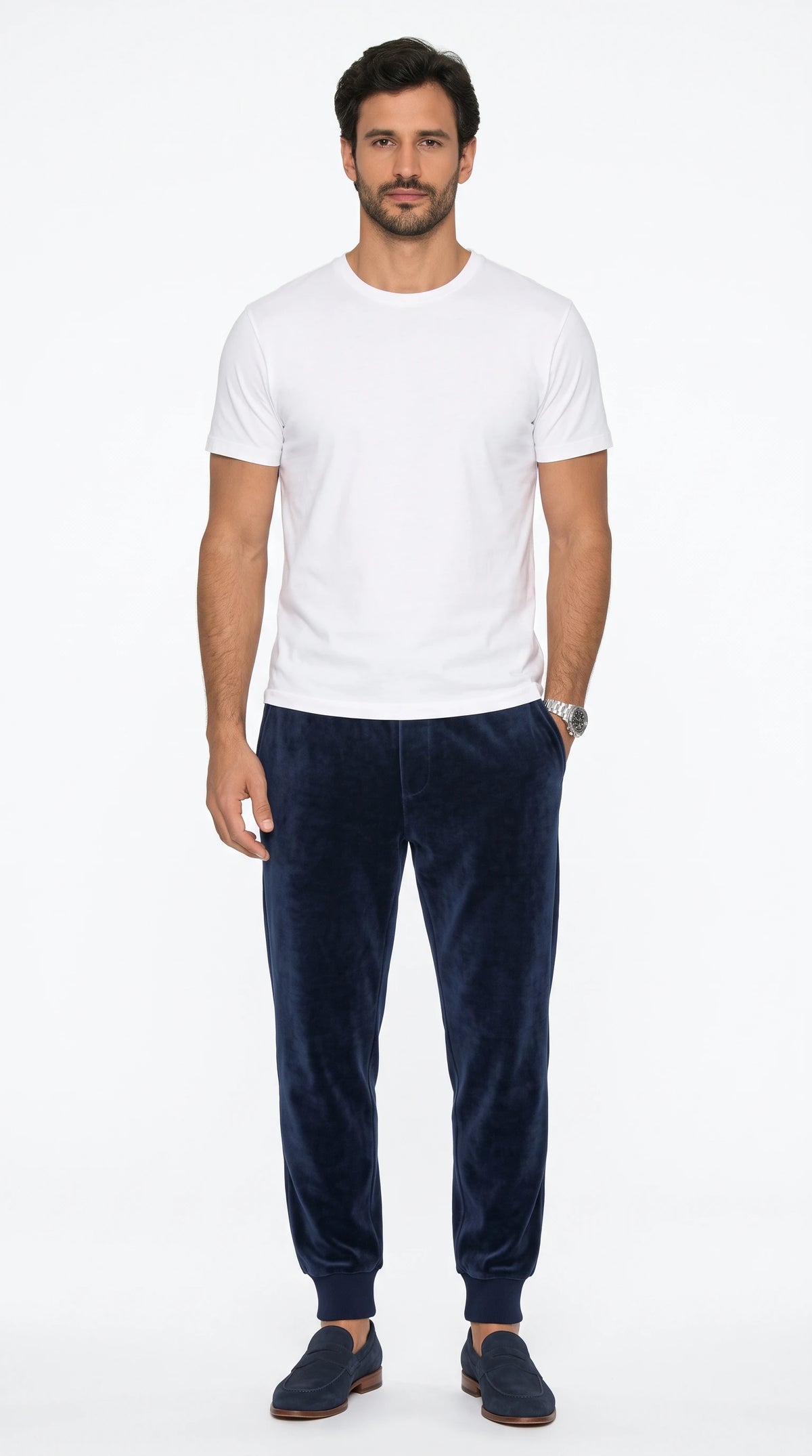The Noir Seaford navy velour jogger by Christopher Noir