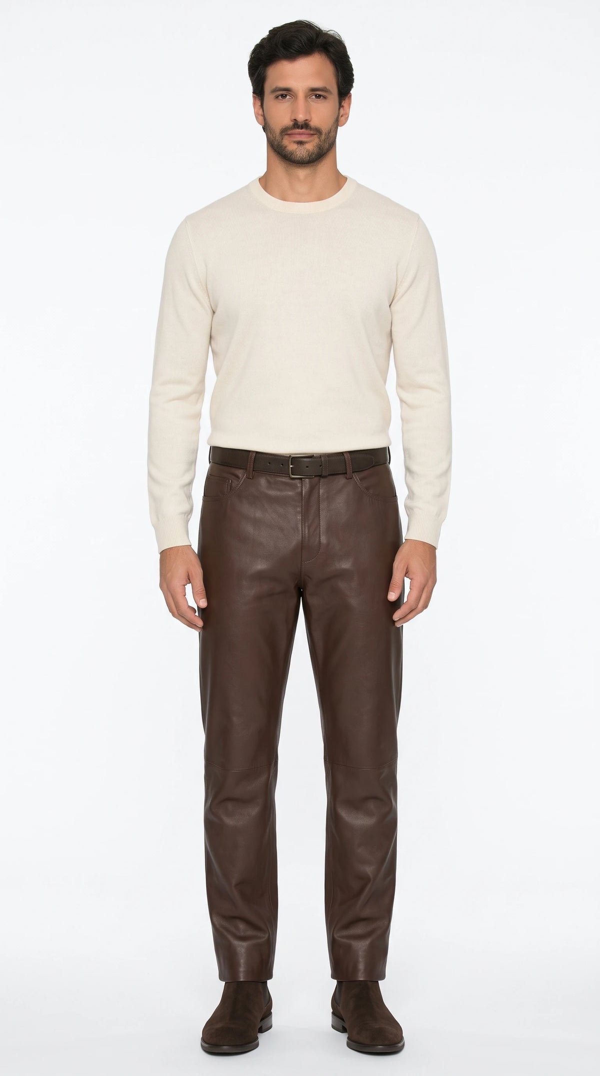 Men's chocolate leather relaxed trousers – The Noir Kemble by Christopher Noir